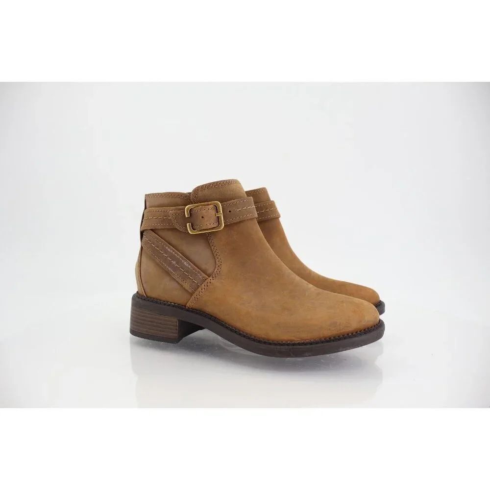 Clarks Womens Sz 5 Maye Ankle Boots Block Heel Buckle Strap Brown Oiled Leather
